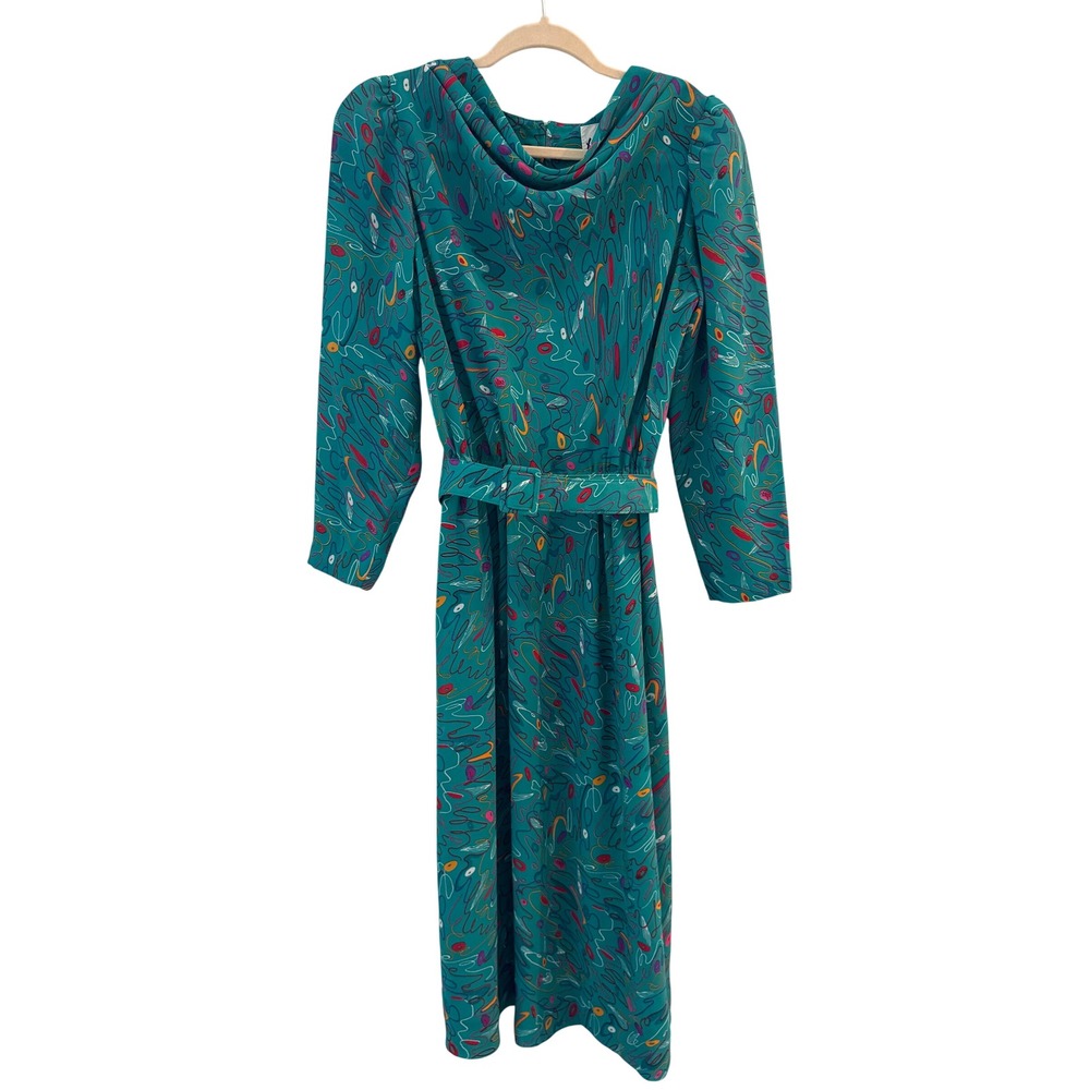 Vintage 80s Herman Marcus Dallas Teal Abstract Cowl Neck Belted Midi Dress 10